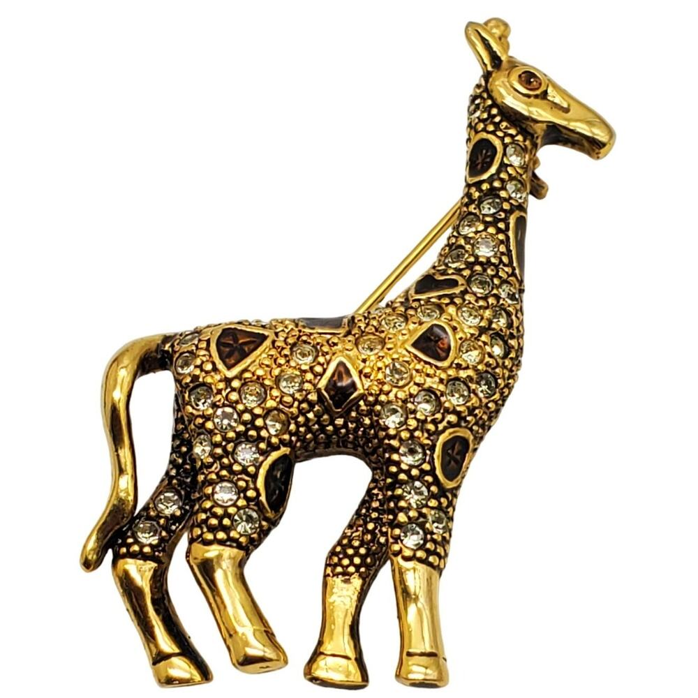 Giraffe Rhinestone Brooch Gold Tone Brown Enamel Pin Vtg Safari‎ Animal Figural